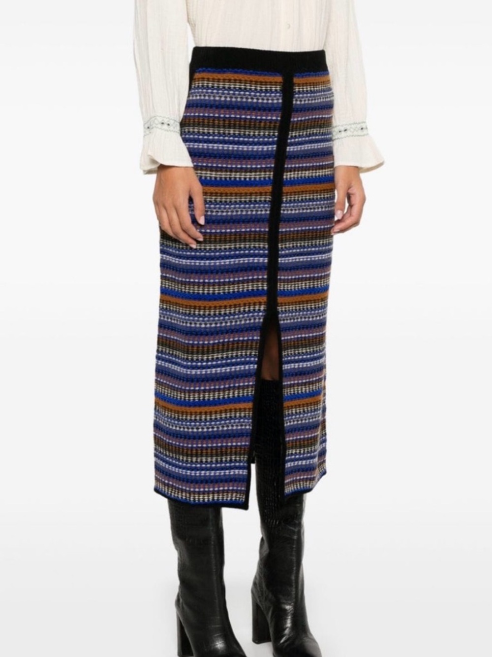 ba&sh Flame Skirt XS Blue Brown Striped Knit Midi Maxi Front Slit
